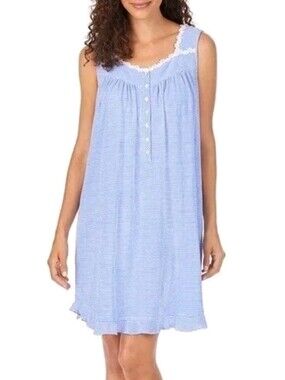 Eillen West Nightgown Daisy Lace Striped Blue White Ruffle Sleep Gown Chemise XL